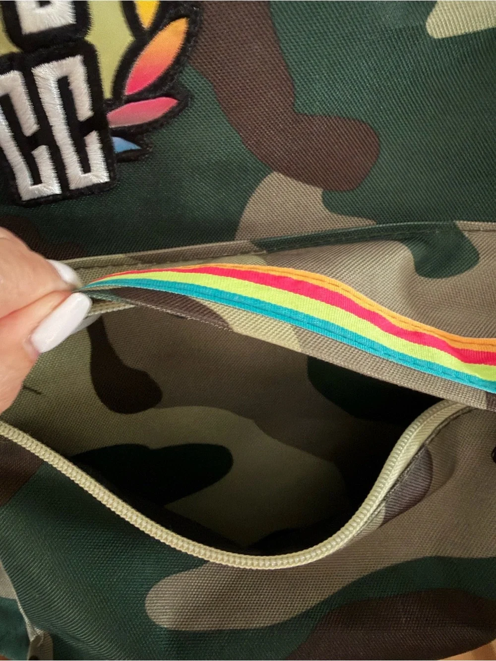 New Balance Green Camouflage Backpack with Rainbow Trim